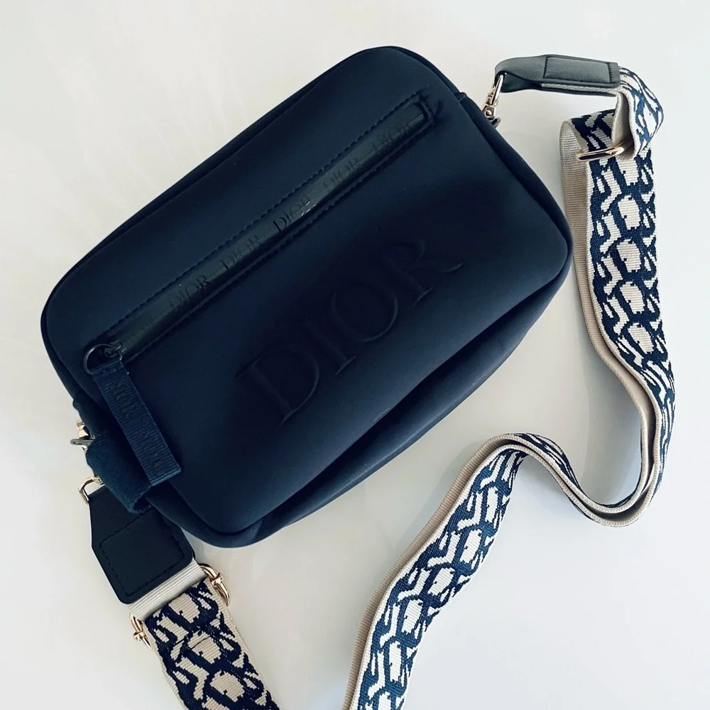 DIOR Navy Blue Crossbody Bag sholder strap pattern logo zipper neoprene - Picture 3 of 4